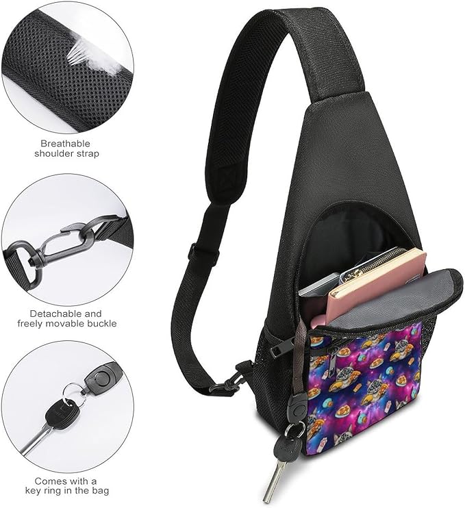 SWEET TANG Men's Crossbody Bags, Casual Daypacks Funny Cute Galaxy Cat Taco Pizza for Cycling and Travel, Fashion Sling Shoulder Backpack Square Rucksack with Small Pocket for Key Purse