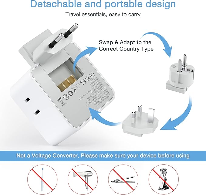 TESSAN All European UK Travel Plug Adapter Kit, International Detachable with 3 Outlet 3 USB Charger (1 USB C), Type C/G/E/F EU Ireland Power Adaptor, US to Europe Italy Spain France Greece