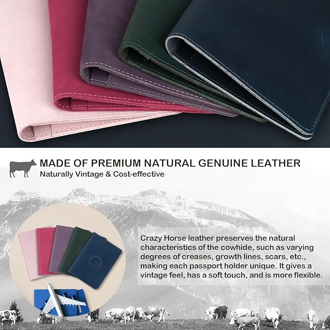 Airtag Passport Holder for Women Men Travel, Real Leather Passport Wallet, Handmade Passport Cover Case with Airtag Slot, Travel Must Haves Essentials Accessories Birthday Gifts (Crazy Horse, Purple)