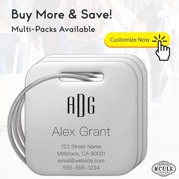 Personalized Luggage Tags for Suitcases - Stainless Steel Custom Luggage Tags for Backpacks & Bags, Sturdy, Waterproof & Heavy Duty (Silver/Square)