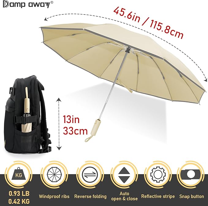 Windproof Travel Umbrella for Rain, Large Portable Reverse Folding Car Umbrella, Inverted Design, Compact Auto Open Close with Durable Waterproof Canopy, Fits Backpack/Women Men, 45.6 Inch