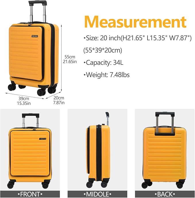 TydeCkare 20 Inch Carry On Luggage with Front Pocket, 21.65 * 15.35 * 7.87" Suitable for Airplane Overhead Bin, 34L PC+ABS Hardshell, Orange