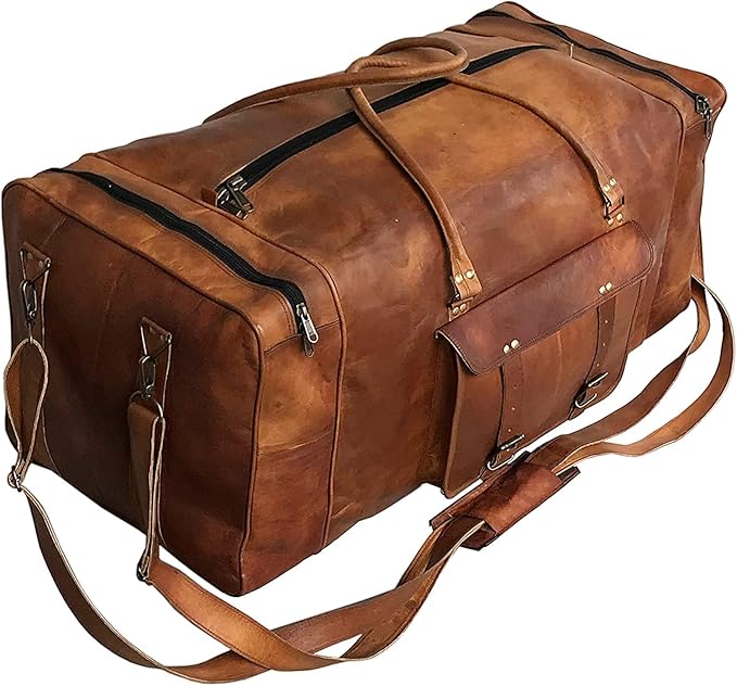 Leather Duffle Bag for Men Luggage Handmade Travel Bag Carry On Luggage Weekender Bags Overnight Gym Sports Cabin Holdall Bag For Airplanes Men And Women (28 Inch Brown)