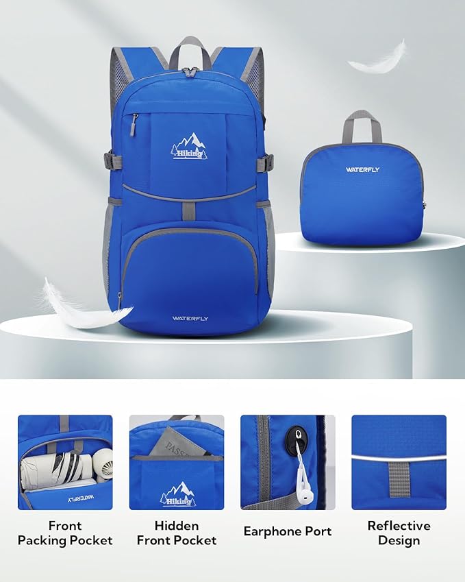 WATERFLY Hiking Packable Daypack Backpack: 25L Ultra Lightweight Day Pack for Woman Man - Small Compact Folding Back Pack for Outdoor Sport Cycling Camping Travel Trip - Blue