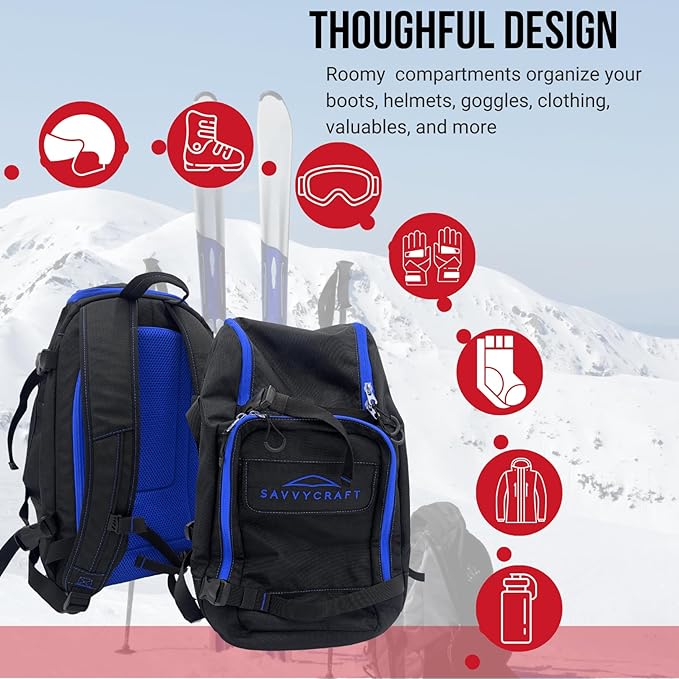 Savvycraft Ski Boot Bag, 50L Ski Backpack for Ski and Snowboard Boots, Helmets, Gloves, and Accessories, Lightweight Durable Convenient, Blue