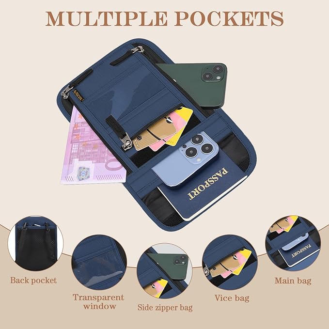 Passport Holder for Travel, Neck Pouch Travel Wallet With RFID Blocking, Waterproof Lightweight Passport Wallet for Women and Men (Dark Blue)