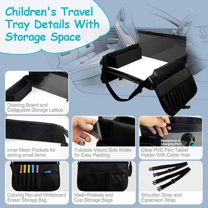 Julaiwy Kids Travel Tray for Car Seat, Carseat Table Tray for Kids Road Trip Activities, Car Trays for Kid Roadtrip Essentials, Toddler Lap Desk Organizer for Airplane - Black