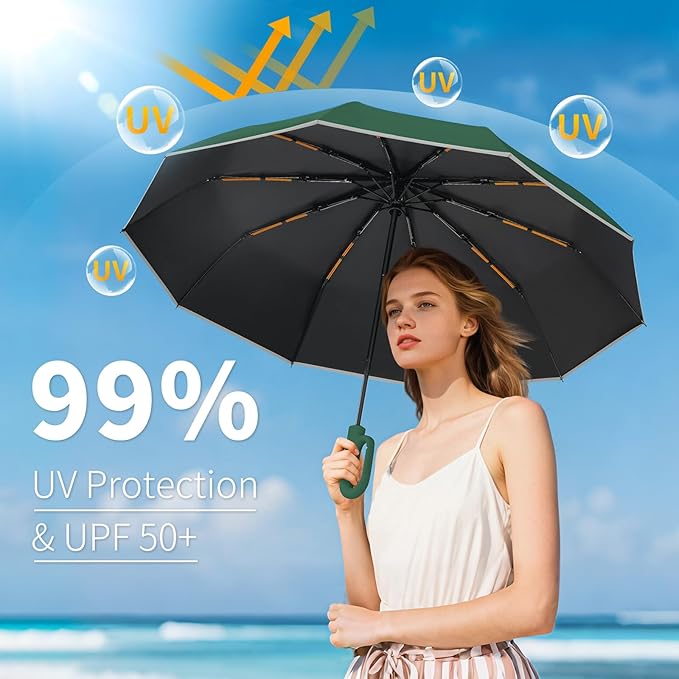 Seniny Travel Umbrella with Carabiner Handle, Windproof Large Umbrellas for Rain with Dual-Rib Structure, Portable Compact Umbrella with Reflective Strip, Car Backpack UV Umbrellas for Sun Protection