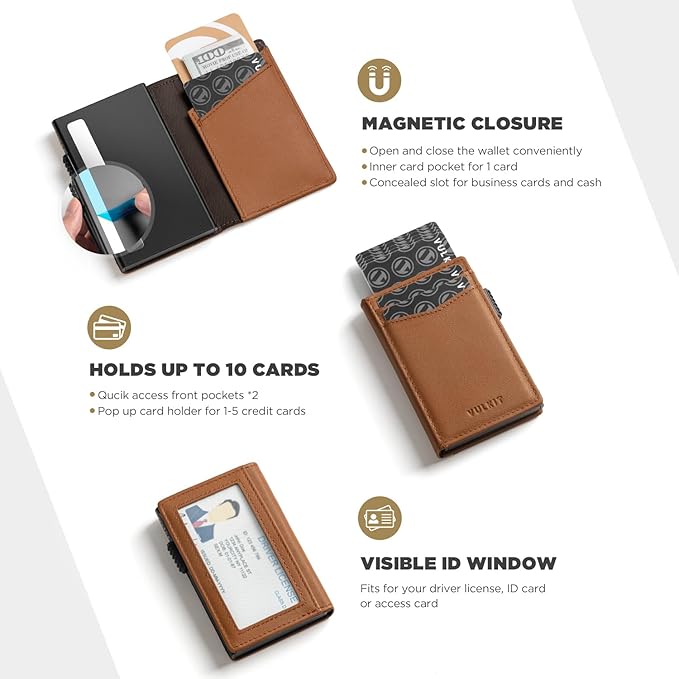 VULKIT Men's Wallet with ID Window Top Grain Leather RFID Blocking Minimalist Wallet Pop Up Card Holder Magnetic Closure
