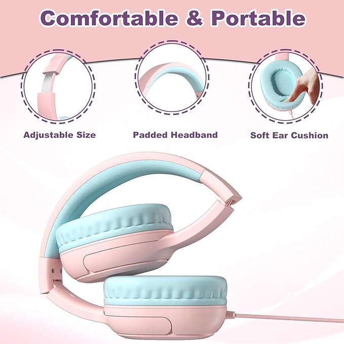 Kids Headphones with Cord & Mic for School Class Airplane Travel, 85/94dB Volume Limit Over Ear Earphones for Boys Girls Teens, Wired Foldable Headset for iPad Tablet Kindle Laptop PC Pink