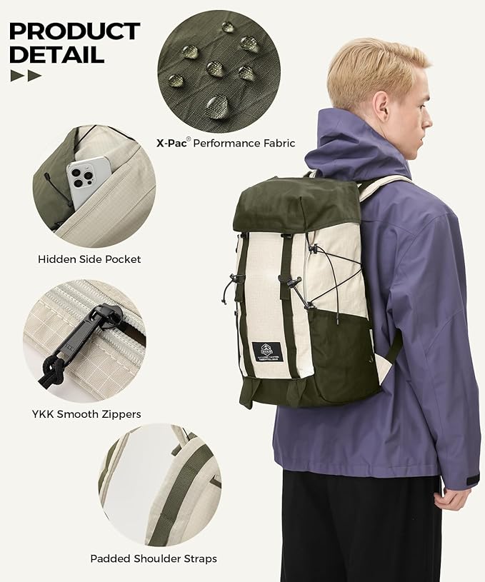 Hiking Backpack for Women Men Lightweight Camping Backpack with Rain Cover 30L Waterproof Hiking Daypack Bag with Hiking Pole Carrying System for Travel Trekking Mountaineering Large Capacity (Green)