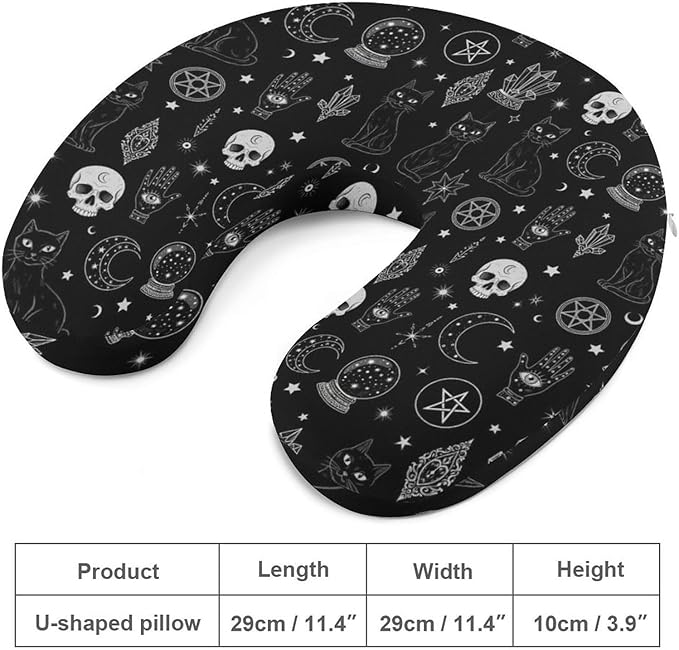 Women’s Travel Pillow U-Shaped Memory Foam Neck Rest, Skull Cat Moon Gothic Pattern Black U-Shape, Washable Airplane Car Support