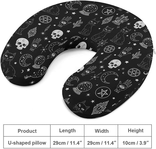 Women’s Travel Pillow U-Shaped Memory Foam Neck Rest, Skull Cat Moon Gothic Pattern Black U-Shape, Washable Airplane Car Support