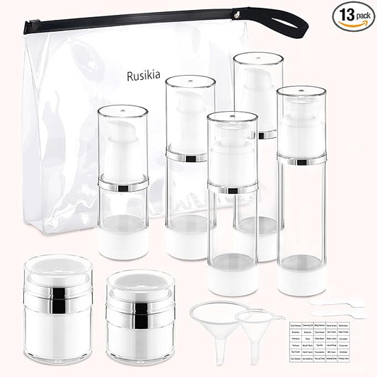 13 Pack Travel Size Containers, 1.7/1/0.5oz Clear Airless Pump Bottles, Makeup Containers, TSA Approved Skincare Empty Travel Bottles Leak Proof Refillable Jars for Toiletries, Lotion, Liquid, Cream