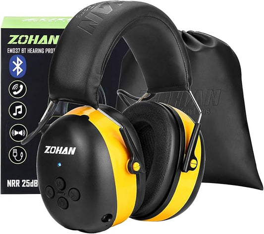ZOHAN EM037 Bluetooth Hearing Protection,30dB SNR Noise Reduction Ear Protection with 1500mAh Rechargeable Battery,Headphones with 40H playtime for Mowing, Snowblowing, Construction,Workshops