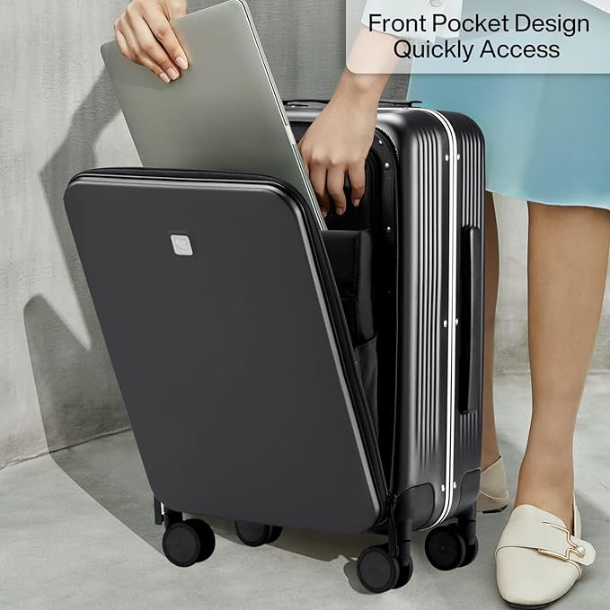 Hanke Grace Hard Shell Suitcases with Wheels,20 Inch Carry On Luggage Airline Approved with Aluminum Frame, Travel suitcase with Front Pocket Travel Luggage for Short Business Trips, Jet Black.
