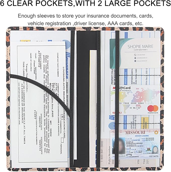 Premium Car Registration & Insurance Card Holder with Magnetic Shut, Vehicle Glove Box Car Organizer - For Documents, Cards, License (Leopard A)