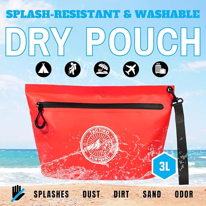 Tactiko 3L Water Resistant Pouch - Waterproof Material w/Splashproof Zipper - Hold All Zipper Bag for Storage, Toiletries, Travel, Beach, Cruise, Home (Red)