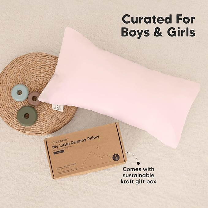 Toddler Pillow with Pillowcase - 10x18 My Little Dreamy Kids Travel Bed Pillows for Sleeping, Organic Cotton Small Pillowcase, Soft & Breathable, Machine Washable, Toddlers 2-5 years old (Mist Pink)