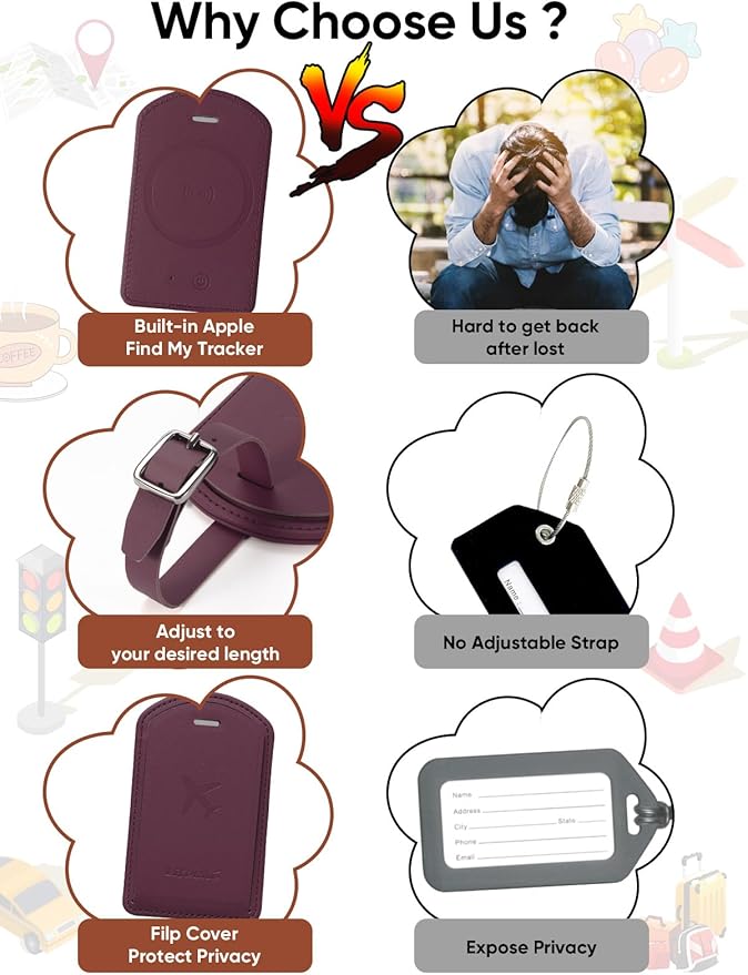 Luggage Tags Built-in Anti-Loss Tracker, Luxury Leather Luggage Tags for Suitcase, Travel Bags, Backpacks, Travel Organizer for Lost Baggage Prevention (Rose Purple)