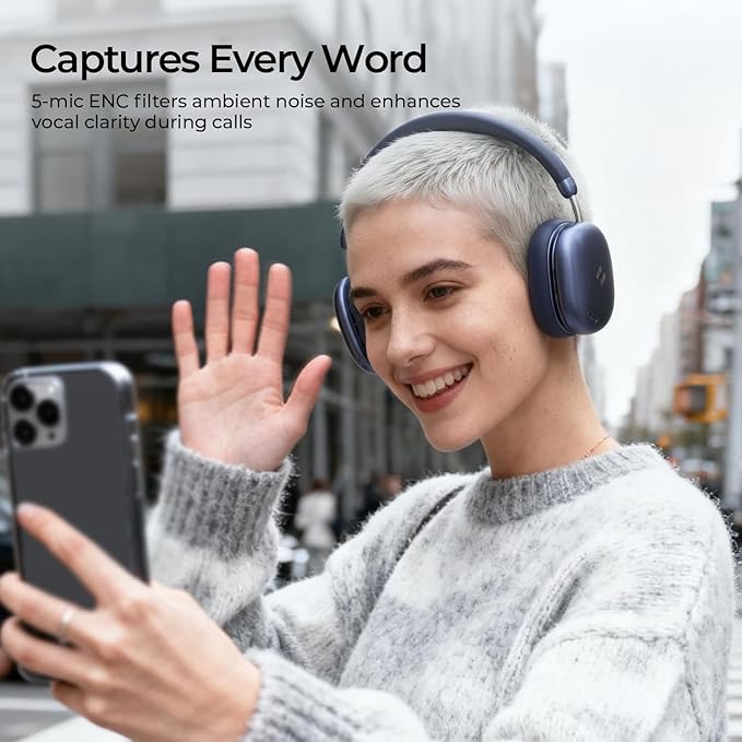 havit Space S1 Hybrid Adaptive Active Noise Cancelling Headphones Wireless, Over Ear Headphones, Bluetooth 6.0, 100H Playtime, LHDC Hi-Res Sound, Custom EQ via App, Travel, Office, Home, Blue