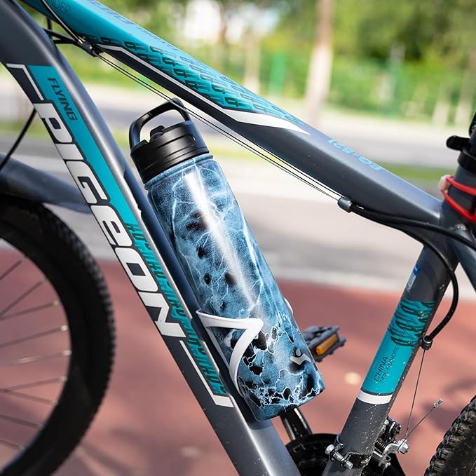 Insulated Water Bottle 24oz Stainless Steel Sport Bottles with 3 Lids,Marble Ocean