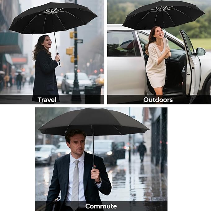 LLanxiry Compact Travel Umbrella, 44" Canopy, Automatic Open/Close Windproof Umbrella, 210T Pongee, 8-Rib Fiberglass, Travel Size Mini, Portable Rain/Sun Umbrellas UPF 50+ with Cover