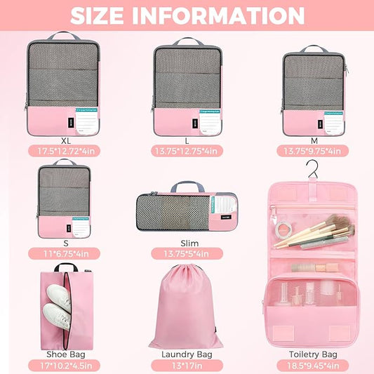 BAGAIL 4/6 Set/8 Set Compression Packing Cubes Travel Accessories Expandable Packing Organizers(HalfMesh, 8-Pink)