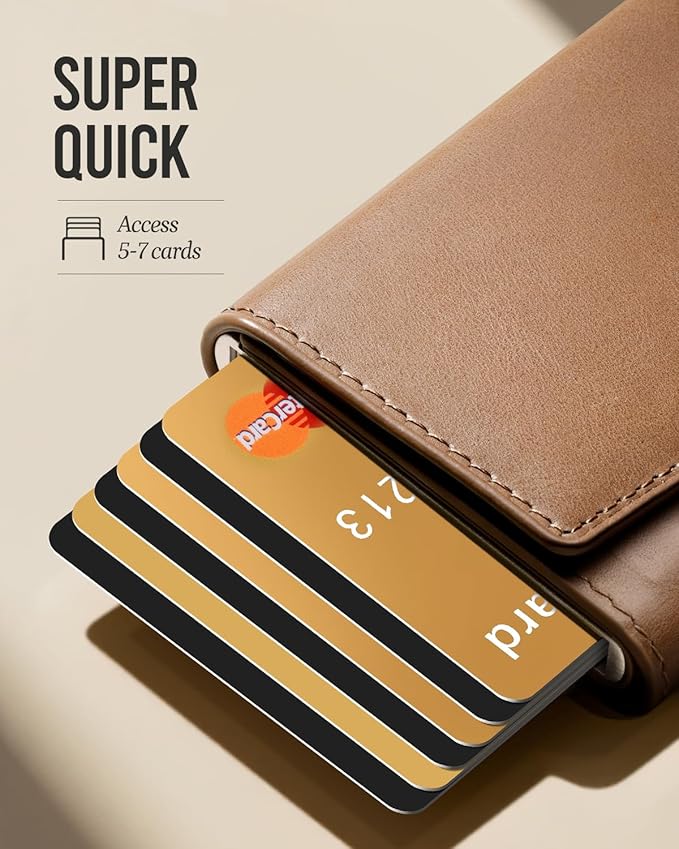 YESIIW Premium Genuine Leather Wallet for Men - Pop up Slim wallet for 8-10 Card Capacity | 1 ID Window | Cash Slot - Smart Mens Wallet Card Case with RFID Blocking - Thin, Front Pocket (Brown)