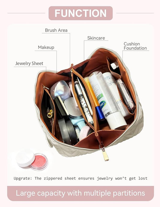 Travel Makeup Bag for Women, Large Capacity Cosmetic Bags for Girls, Compact Pouch Make up Organizer, Waterproof Toiletry Bag with Divider and Handle (White)