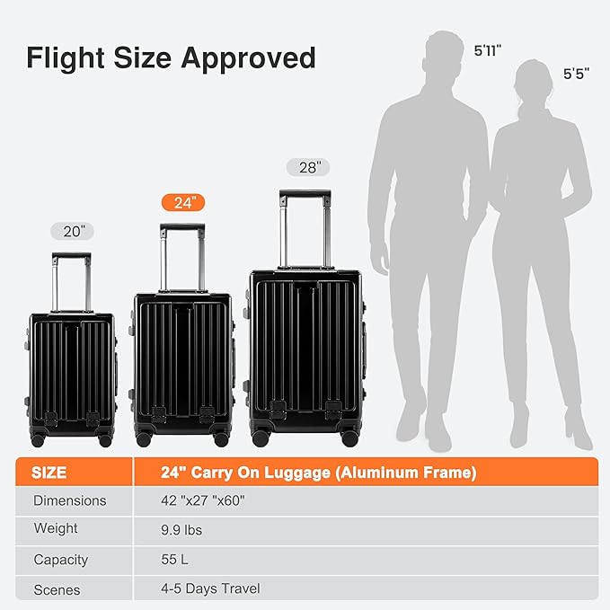 24 Inch Check-In Luggage Aluminum Frame Zipperless Luggage, Hard Shell Suitcase TSA Approved Checked Luggage, ABS+PC Lightweight Zipperless Suitcase with Spinner Wheels (Black)