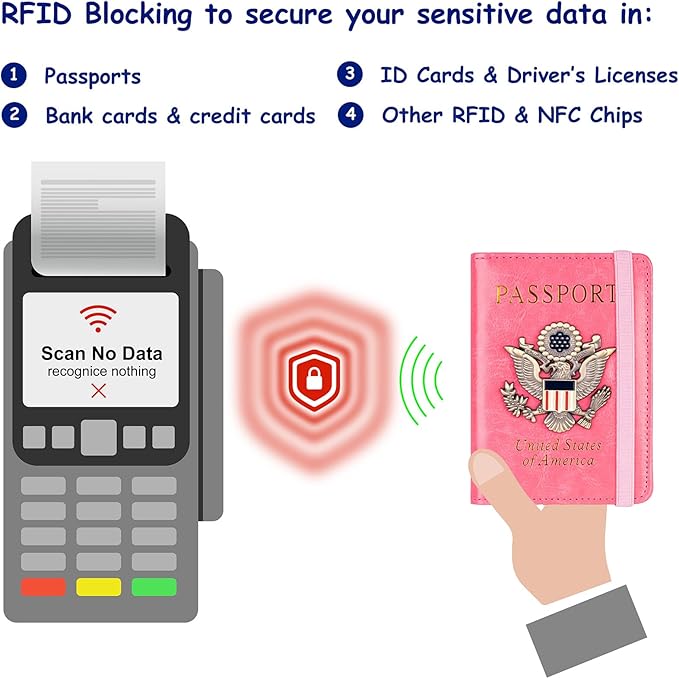 TOURSUIT RFID Blocking Passport Holder for Women Men, Leather Passport Travel Wallet with Metal 3D Metal Badge, Travel Document Holder Cover Accessories (Pink)