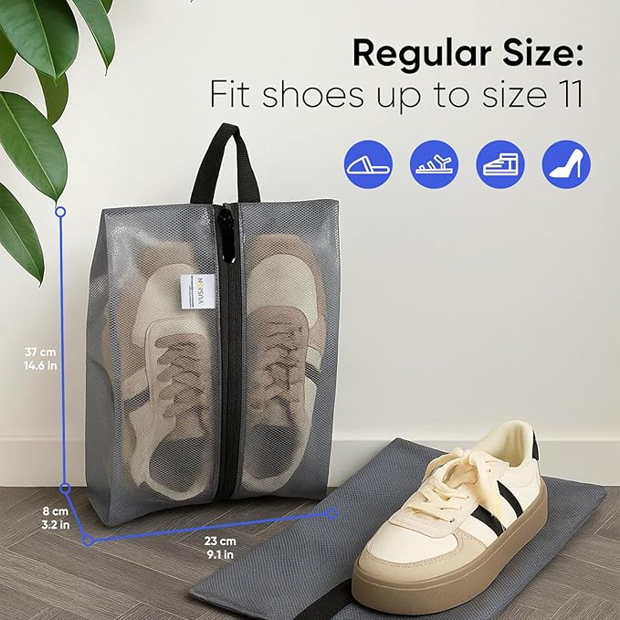VUSIGN Travel Shoe Bag, Water-Resistant Shoe Pouch for Gym and Sport, Odor-Resistant Soccer Cleats Bag (Gray, 4-Pack)
