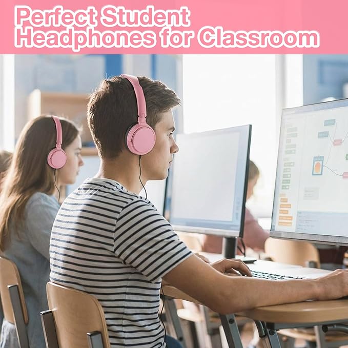 Yunsailing 18 Pack Classroom Headphones Bulk Student Wired Class Headphones Set for School with Individually Wrapped Adjustable Over Ear Head Earbuds (Pink)