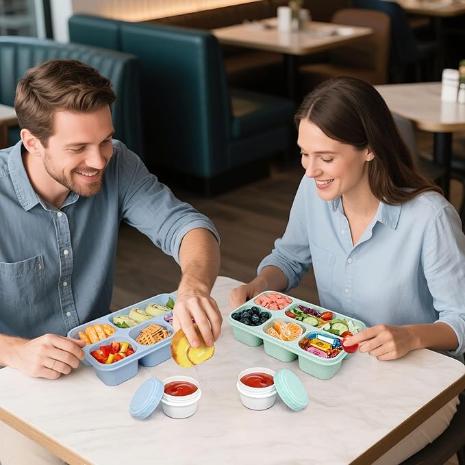 Caperci Bento Box Adult Lunchable Container - Reusable 3-Pack Snack Box Containers with 5-Compartment & 3pc Dressing Cups, BPA-Free Food Storage for Meal Prep, School, Work (Vintage Colors)