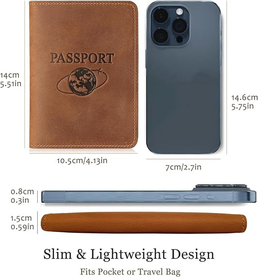 Slim Leather Passport Holder for Men & Women – Vintage Travel Passport Wallet – Lightweight Full-Grain Leather Passport Case with Gift Box, Brown (5.5″ × 4.1″)