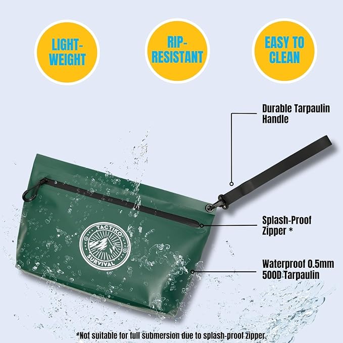 Tactiko 3L Water Resistant Pouch - Waterproof Material w/Splashproof Zipper - Hold All Zipper Bag for Storage, Toiletries, Travel, Beach, Cruise, Home (Green)