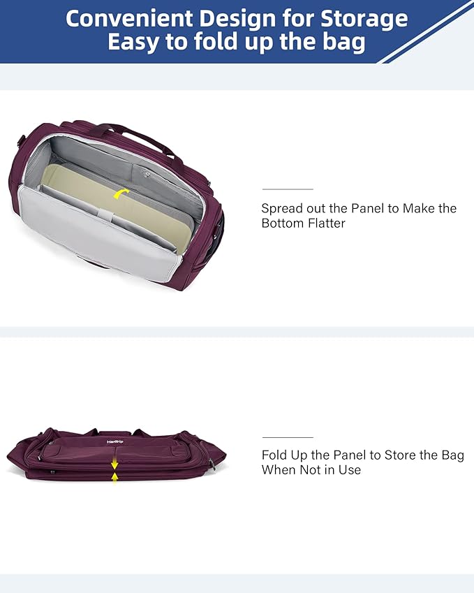 HanTrip Carry on Duffel Bag Foldable Duffle Bags for Travel, Large Personal Item Bags for Airplanes, Weekender Overnight Mens Travel Tote Bag for Women Softside Carry on Luggage (Purple)