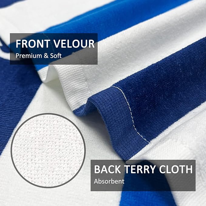 cabanana Large Beach Towel Oversized - Cotton Velour 35 x 70 Inch Anchor Striped Terry Pool Towel, Cabana Soft Swimming Towel for Adults Women Men (Navy Blue)