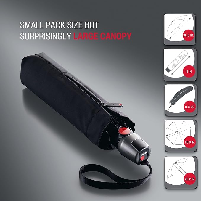 Knirps T.200 Duomatic Compact Rain Umbrella in Black– Wind Tunnel Tested to 93 mph, Aluminum Steel Fiberglass Frame, 38in Canopy, OEKO-TEX, High-Performance Automatic Travel Umbrellas