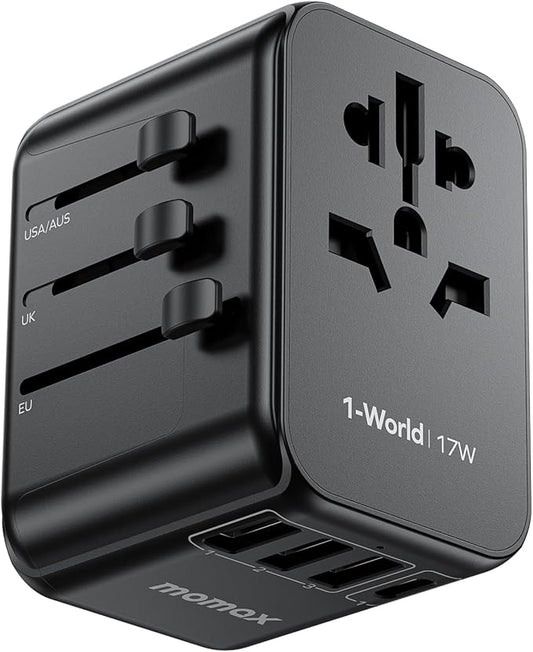 MOMAX 5-in-1 European Travel Plug Adapter, Worldwide All in One Travel Adapter, International Power Adapter Wall Charger with 3 USB A and 1USB C Charging Ports for Travel Essentials (Type C/G/A/I)