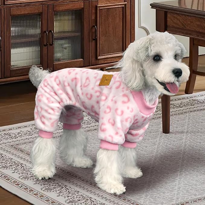 XPUDAC Dog Sweater Leopard Fleece Dog Pajamas for Small Medium Dogs Girl Soft Warm Pet Winter Clothes for Winter Christmas（Pink, X-Large）