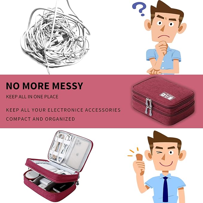 Travel Cable Organizer Bag, Electronic Accessories Case Portable Double Layer Cable Storage Bag for Cord,phone,Charger, Flash Drive, Phone, SD Card,Personal Items - (Red)