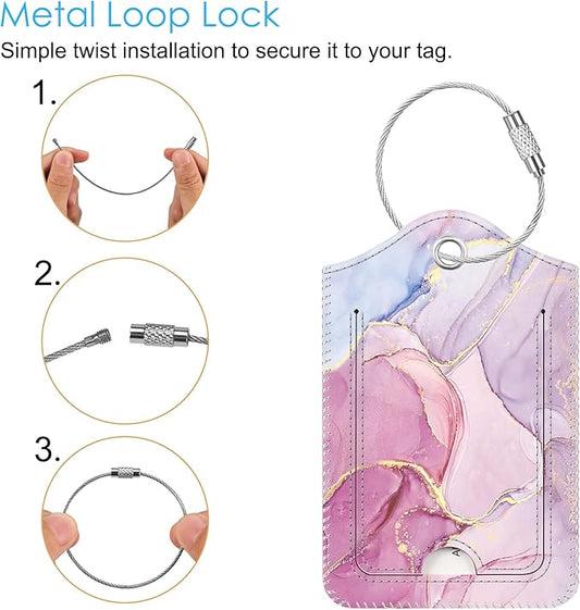 Fintie Luggage Tags, Privacy Cover ID Label with Stainless Steel Loop and Address Card for Travel Bag Suitcase - Glittering Marble (2 Piece)