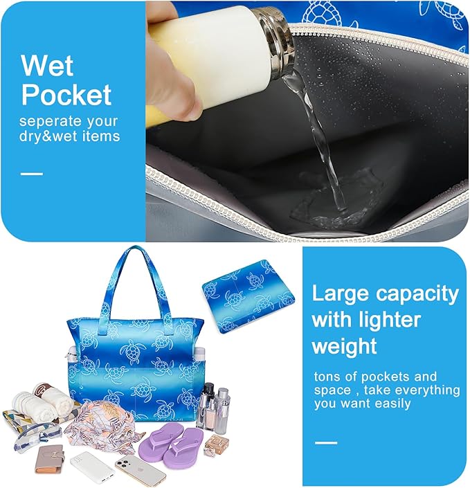 Bluboon Waterproof Beach Tote Pool Bags for Women Ladies Extra Large Carry On Bag With Wet Compartment for Weekender Travel