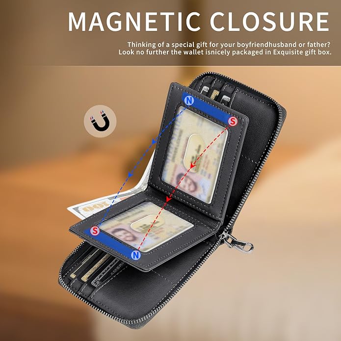 Men’s RFID Blocking Zipper Wallet with 2 ID Windows - Large Capacity Design, 13 Credit Card Slots