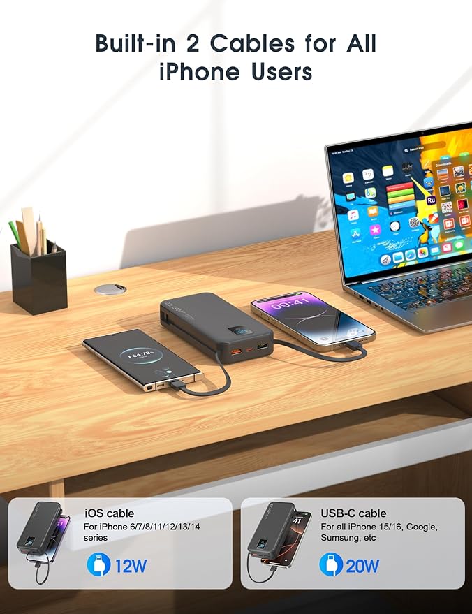 Portable Power Bank, 20000mAh 22.5W Fast Charging Phone Charger with Built-in Cables & Wall Plug, Travel Essential Battery Pack with LED Display, USB C Battery Charging Bank for iPhone, Samsung Black