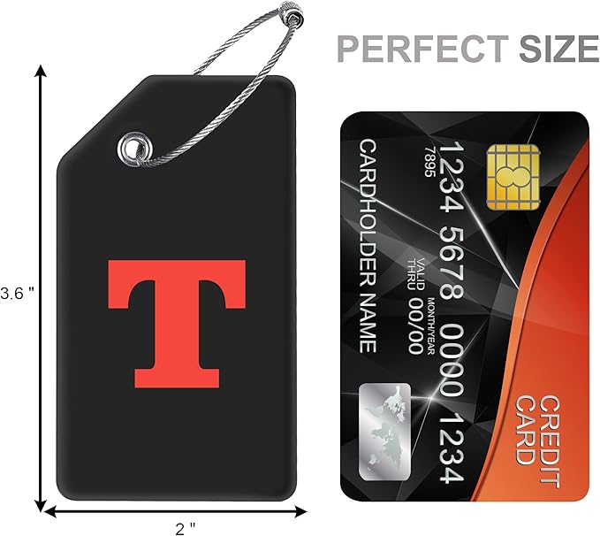 Gostwo 2 Pack Silicone Luggage Tags for Suitcases, 26 Initial Letter Baggage Labels Handbag School Bag Suitcase Instrument Tag with Stainless Steel Loop(Black)(Letter T)