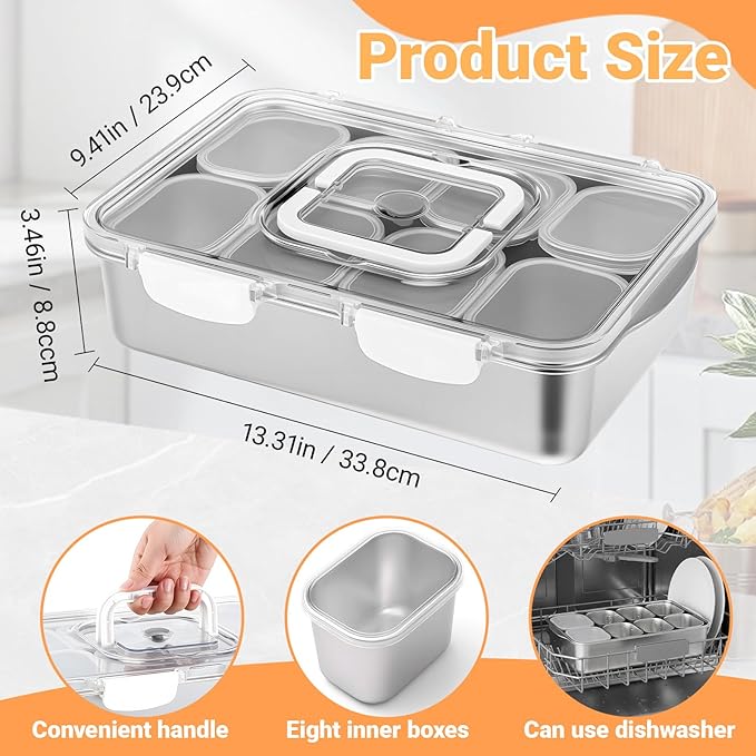 Stainless Steel Snackle Box Container, 8 Compartment Divided Serving Tray with Lid and Handle, Portable Snack Platters Storage Organizer for Fruit Candy Nuts Veggie Travel Party Picnic