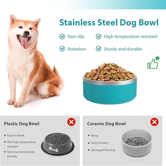 Stainless Steel Dog Bowls, Metal Dog Dish for Large Dogs, Insulated Non Slip Dog Food Bowl, Easy Clean, 40oz, LakeBlue